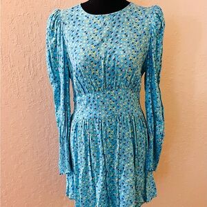AFRM Floral Puff Sleeve Smocked‎ Back Cutout Dress Blue Ditsy